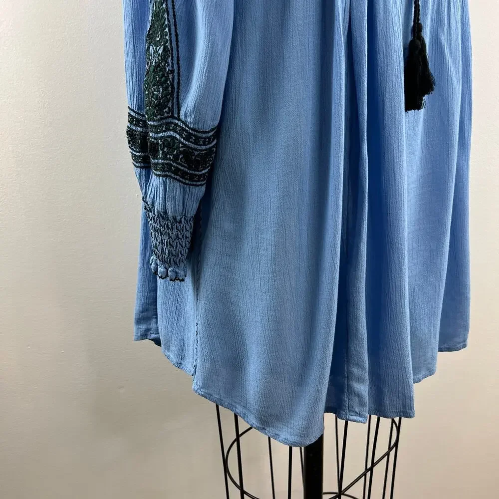FREE PEOPLE Wind Willow Womens River Skies Blue Embroidered Boho Mini Dress XS
